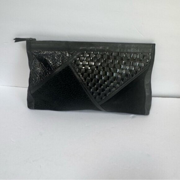 Vintage 80s Intrecciato Leather Suede Woven Large Clutch Bag Zip black Italy Tie - Picture 6 of 16